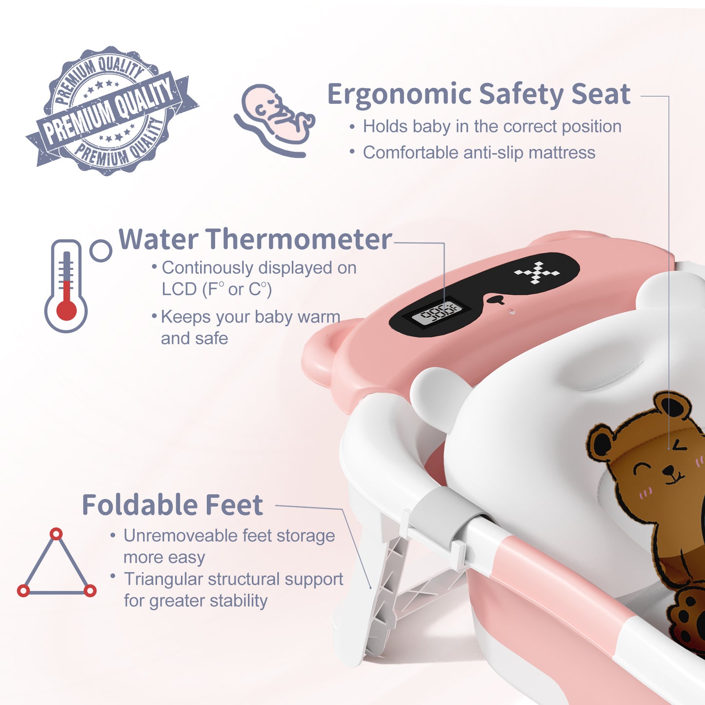 Collapsible Baby Bathtub for Infants, Bath Tub with Cushion and Thermometer, for Newborn to Toddler Portable Travel Multifunctional Bathing 0-2 years (Bear/Pink)