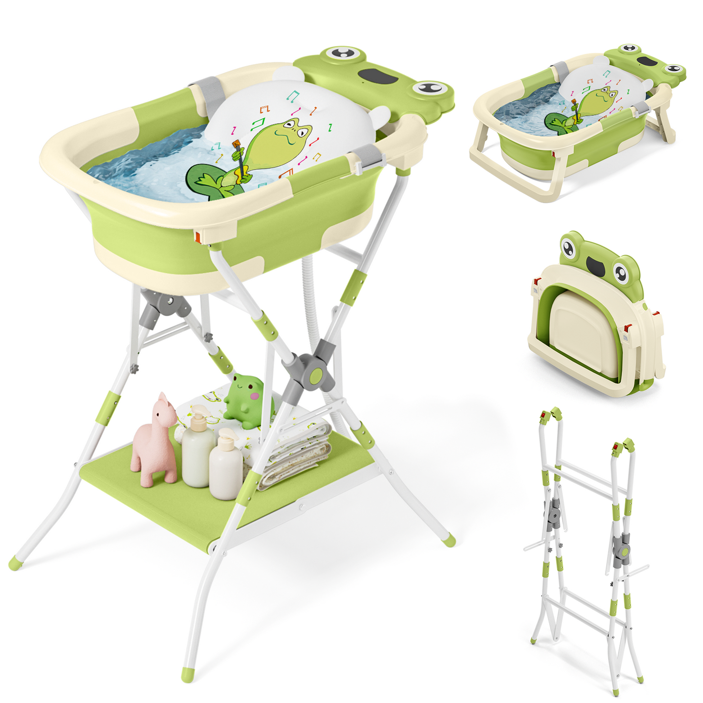 COOSEYA 3 in 1 Foldable Baby Bath with Stand, Baby Bath Tub for Newborn to Toddler with Support Soft Cushion, Foldable Design for Travel and Outdoor, Baby Shower Gifts, 0-18Months, Frog Grey