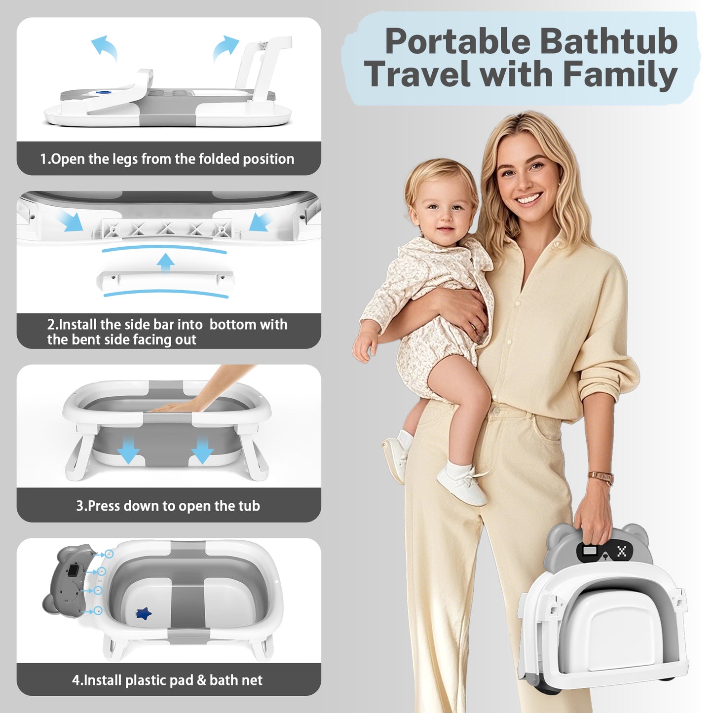 Collapsible Baby Bathtub for Infants, Bath Tub with Cushion and Thermometer, for Newborn to Toddler Portable Travel Multifunctional Bathing 0-2 years (Bear/Gray)