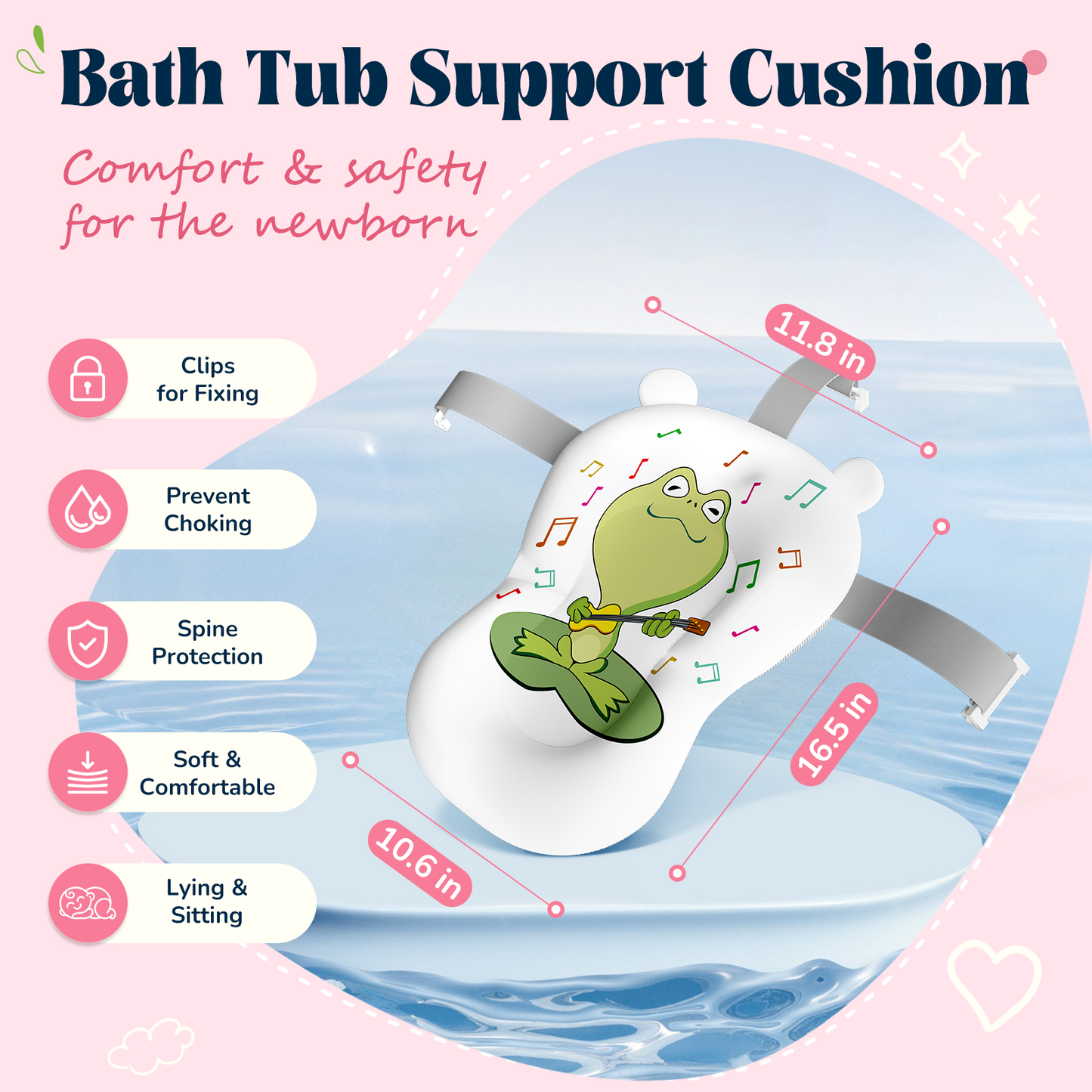 Collapsible Baby Bathtub for Infants, Bath Tub with Cushion and Thermometer, for Newborn to Toddler Portable Travel Multifunctional Bathing 0-2 years (Frog/Pink)