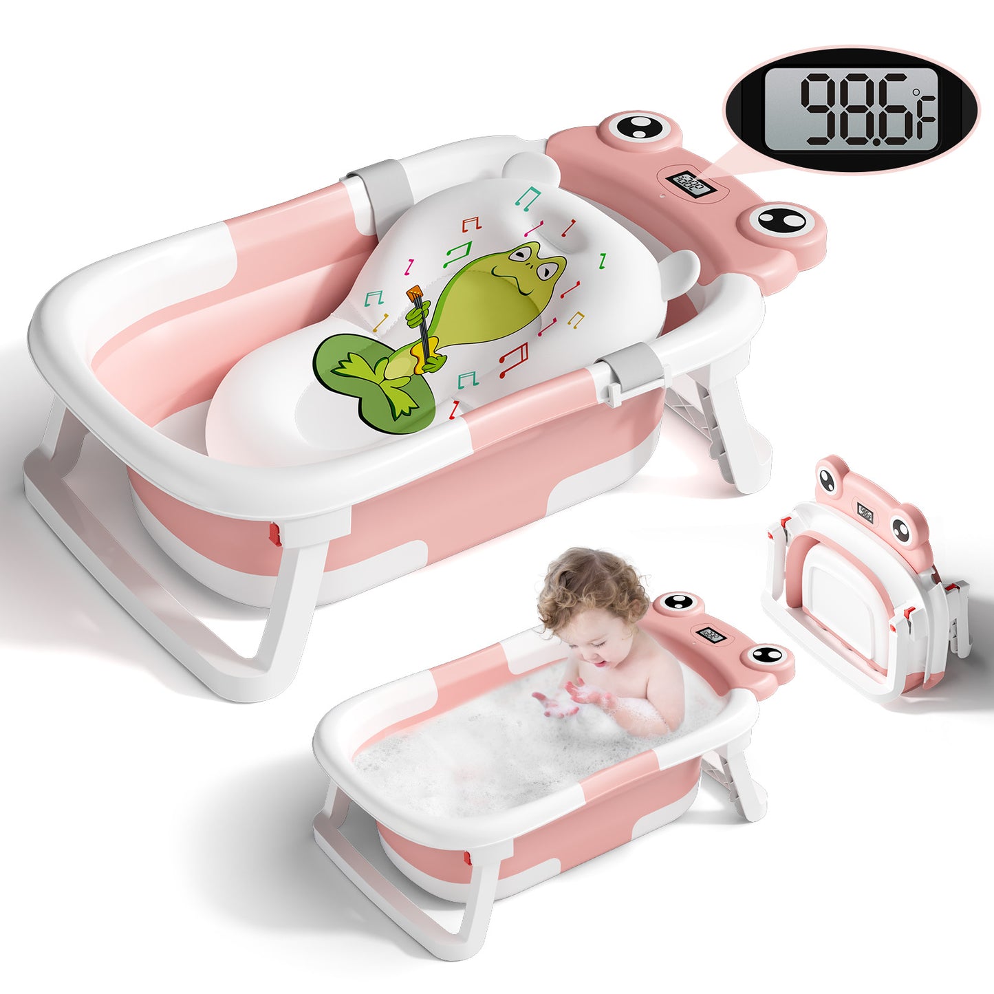 Collapsible Baby Bathtub for Infants, Bath Tub with Cushion and Thermometer, for Newborn to Toddler Portable Travel Multifunctional Bathing 0-2 years (Frog/Pink)