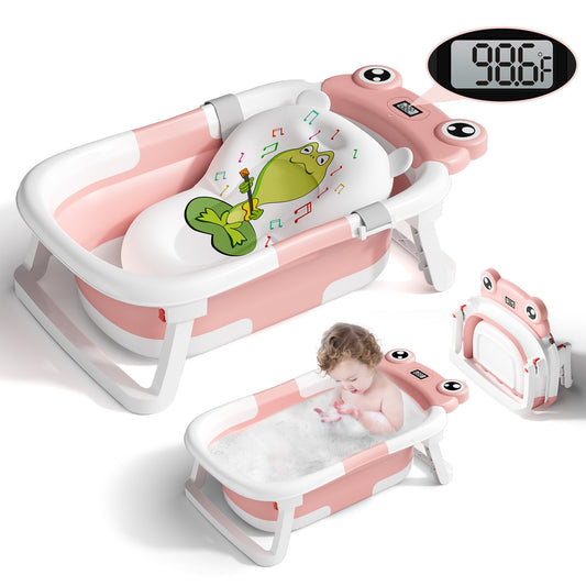 Collapsible Baby Bathtub for Infants, Bath Tub with Cushion and Thermometer, for Newborn to Toddler Portable Travel Multifunctional Bathing 0-2 years (Frog/Pink)