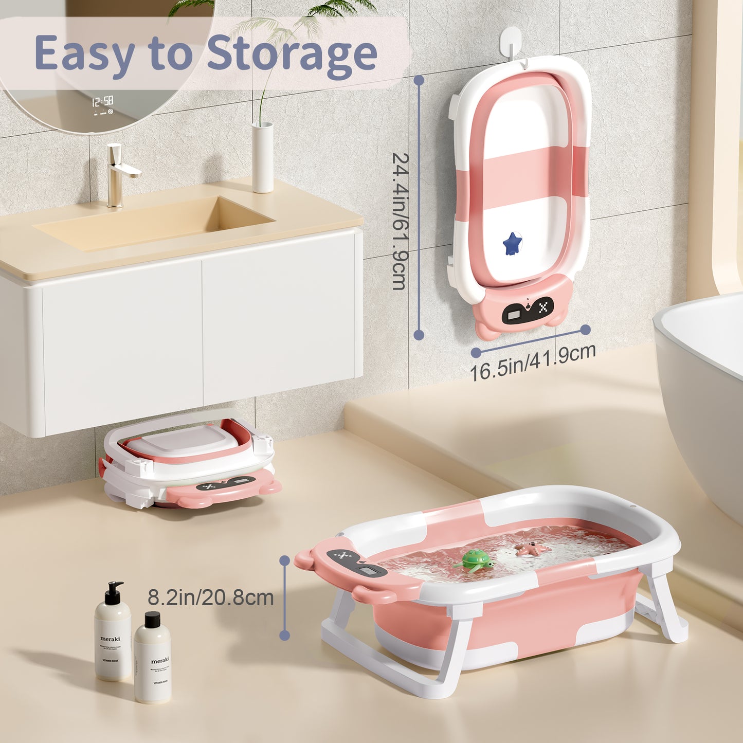 Collapsible Baby Bathtub for Infants, Bath Tub with Cushion and Thermometer, for Newborn to Toddler Portable Travel Multifunctional Bathing 0-2 years (Bear/Pink)