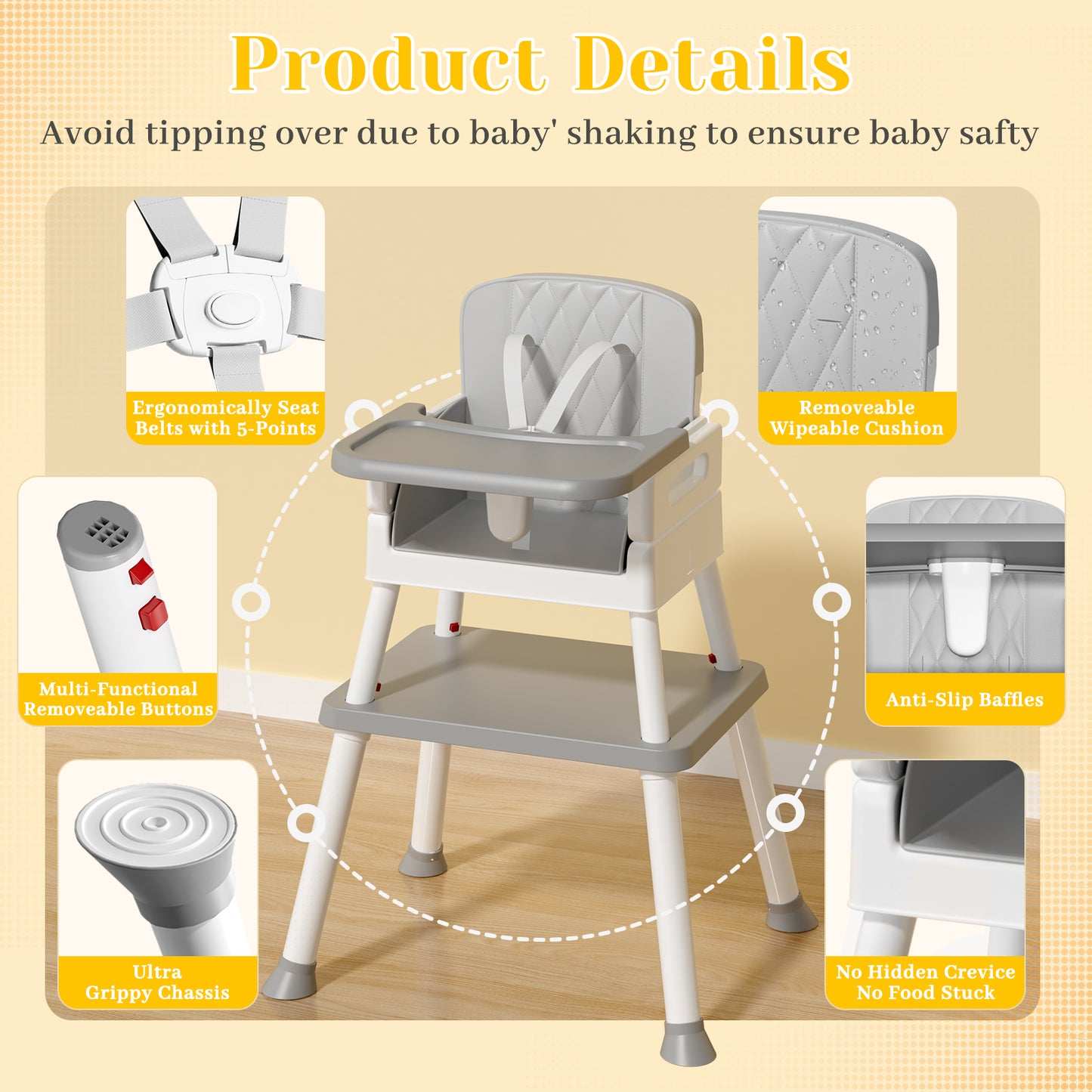 COOSEYA 6 in 1 Baby High Chair, Toddler Dining Booster Seat for Eating(Gray)