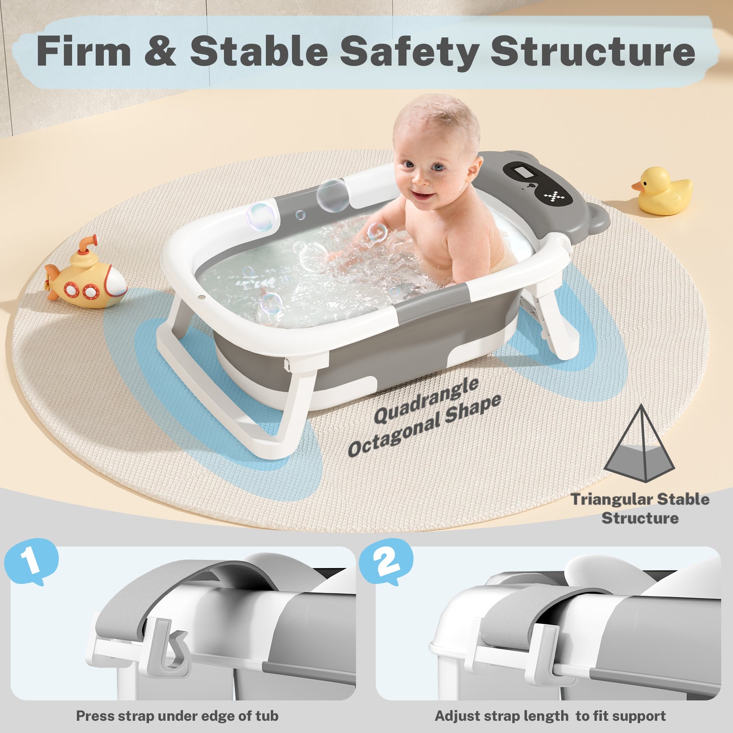 Collapsible Baby Bathtub for Infants, Bath Tub with Cushion and Thermometer, for Newborn to Toddler Portable Travel Multifunctional Bathing 0-2 years (Bear/Gray)