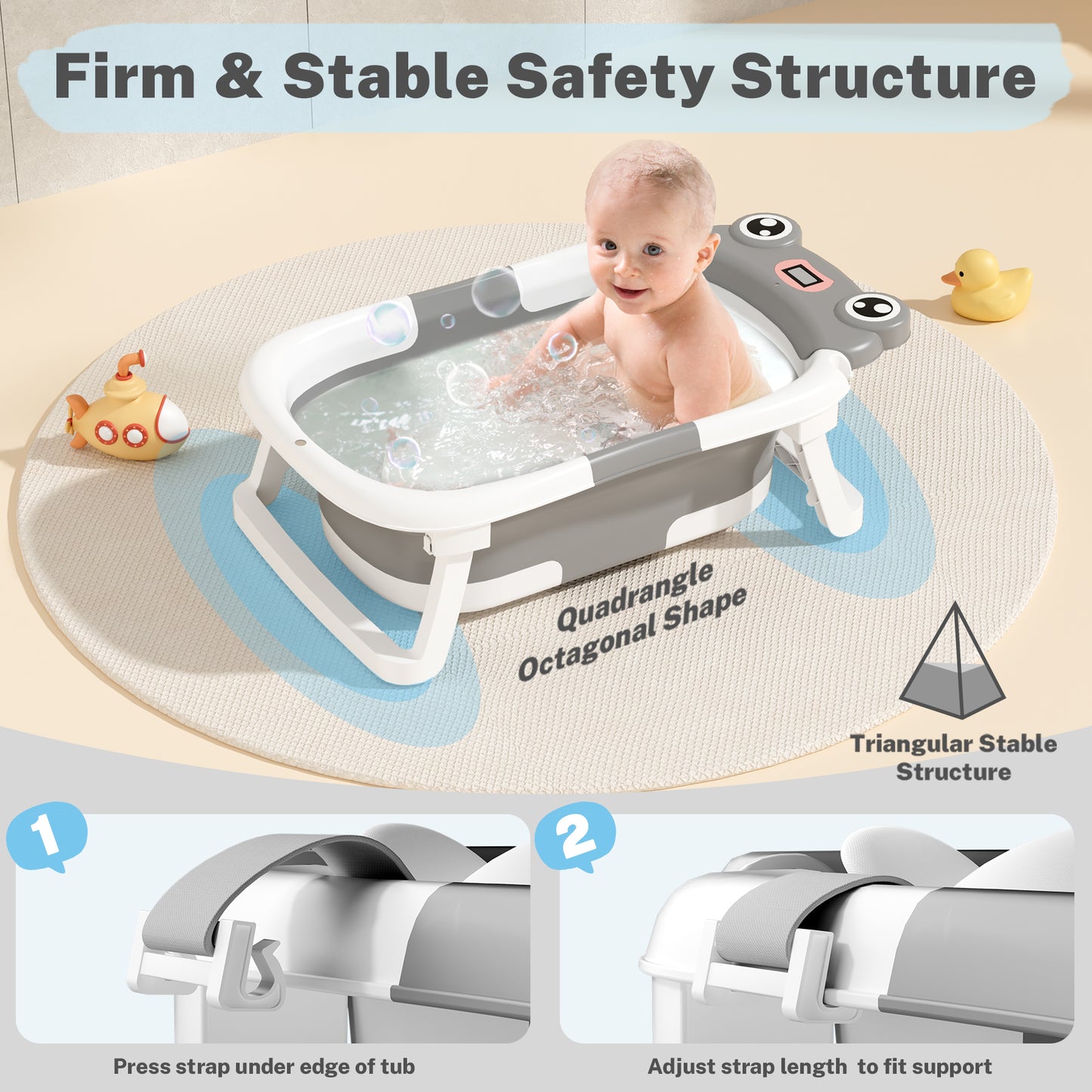 Collapsible Baby Bathtub for Infants, Bath Tub with Cushion and Thermometer, for Newborn to Toddler Portable Travel Multifunctional Bathing 0-2 years (Frog/Gray)