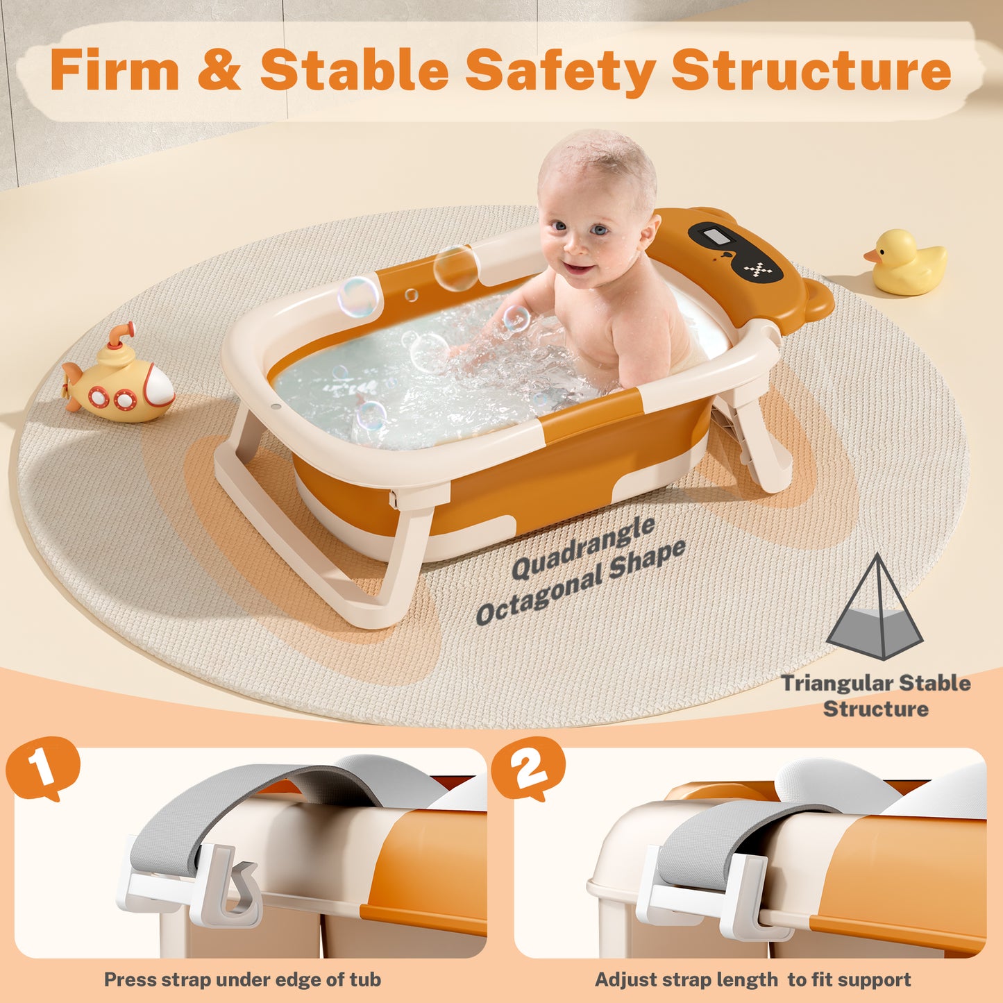 Collapsible Baby Bathtub for Infants, Bath Tub with Cushion and Thermometer, for Newborn to Toddler Portable Travel Multifunctional Bathing 0-2 years (Bear/Brown)