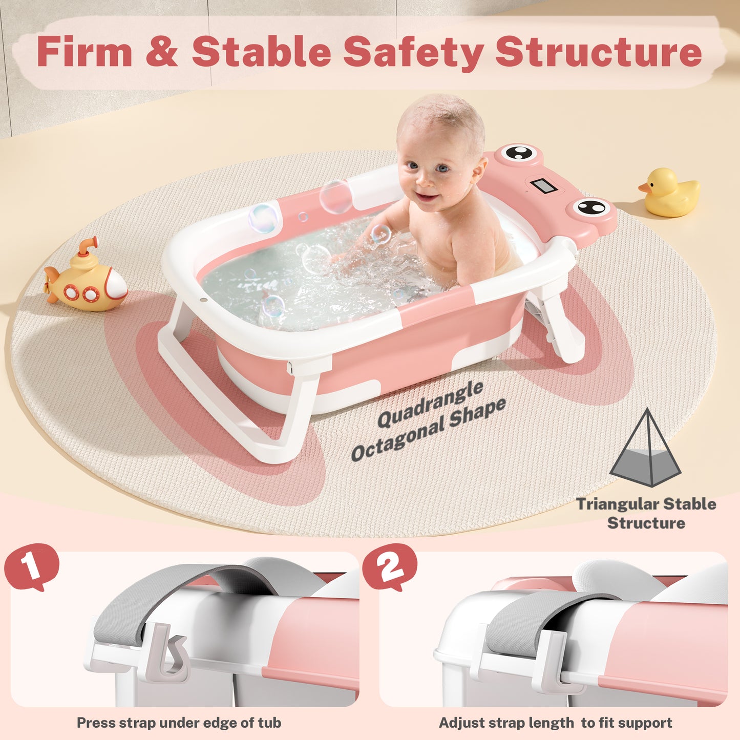 Collapsible Baby Bathtub for Infants, Bath Tub with Cushion and Thermometer, for Newborn to Toddler Portable Travel Multifunctional Bathing 0-2 years (Frog/Pink)