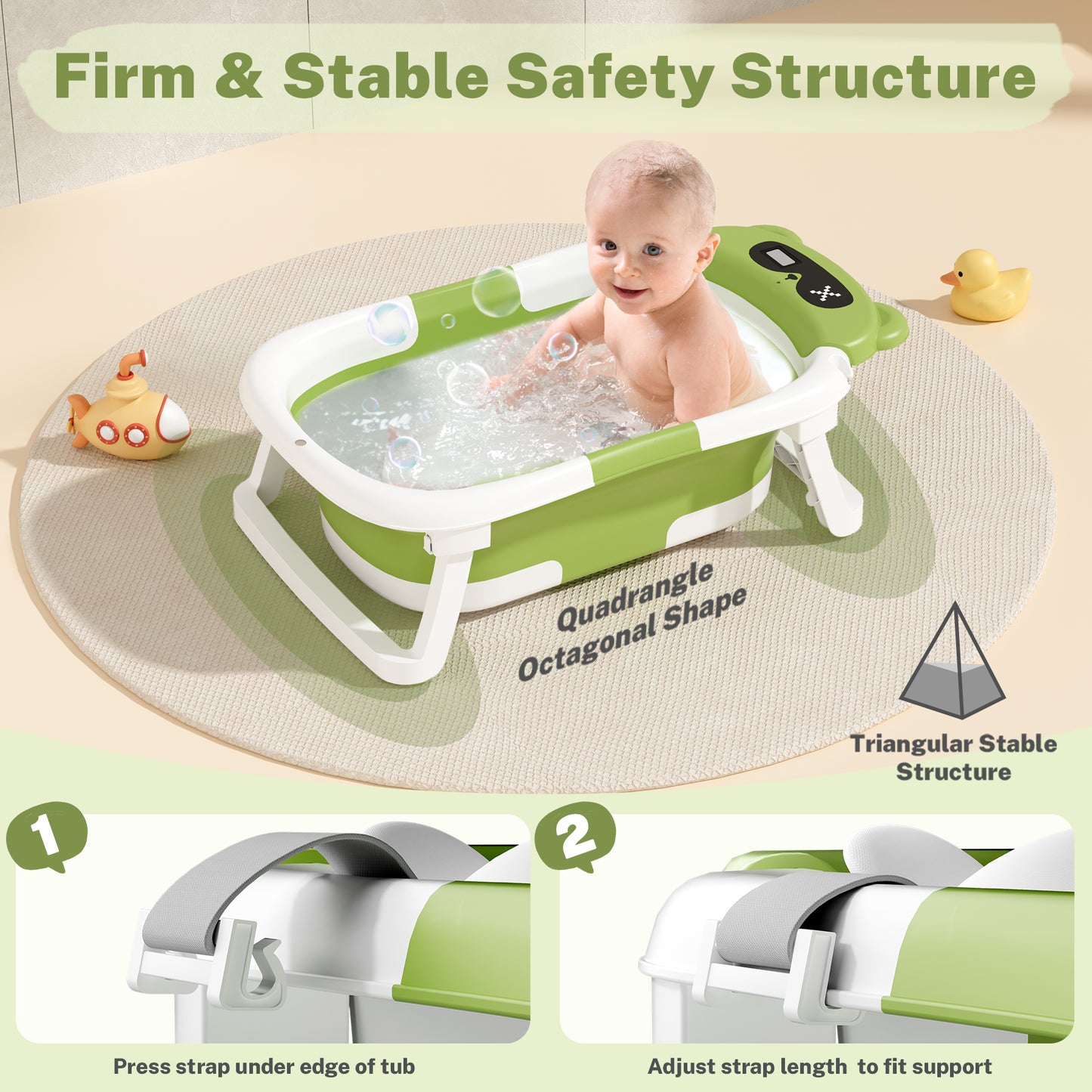 Collapsible Baby Bathtub for Infants, Bath Tub with Cushion and Thermometer, for Newborn to Toddler Portable Travel Multifunctional Bathing 0-2 years (Bear/Green)