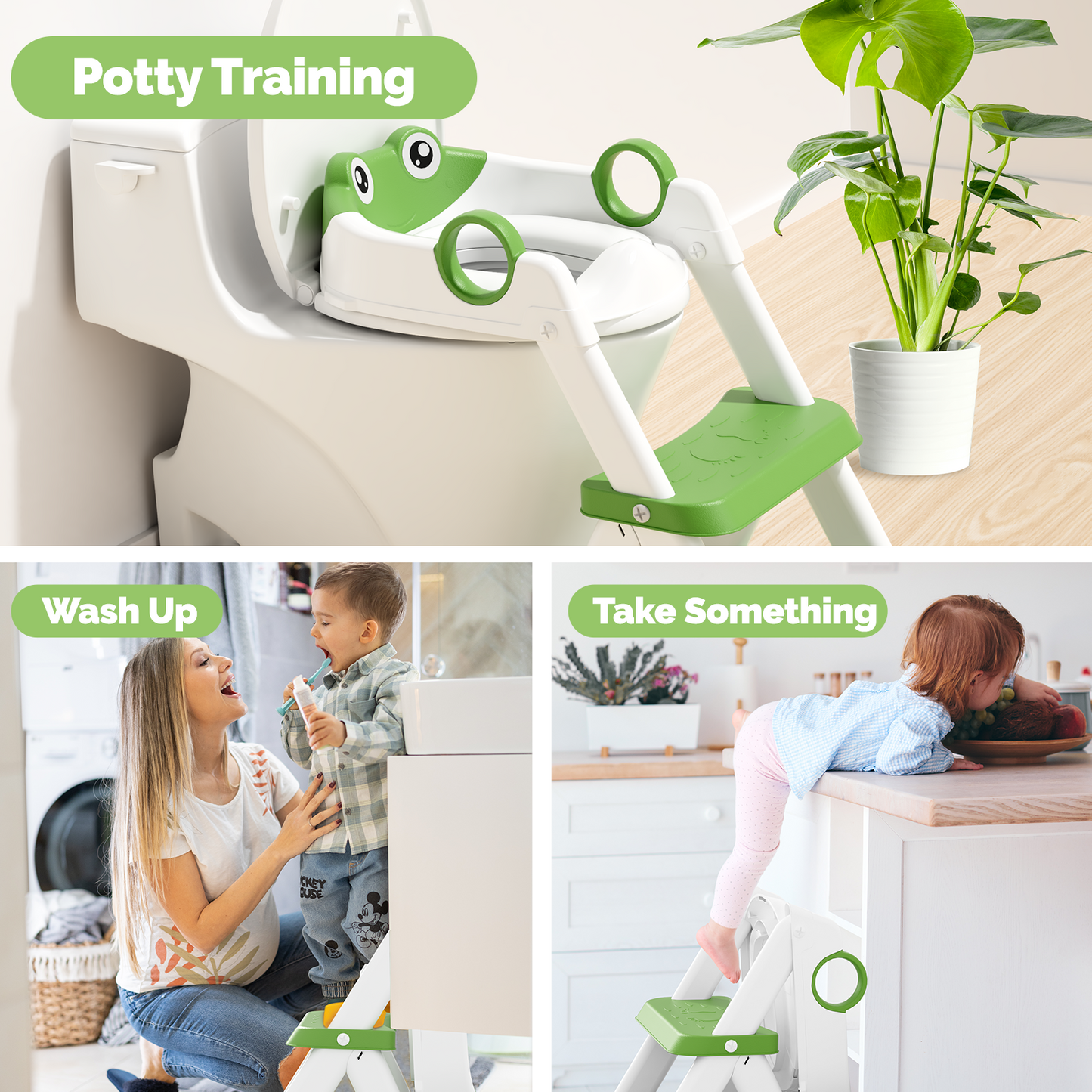 2 in 1 Potty Training Toilet with Step Stool for Toddlers,Baby Seat with Splash Guard and Anti-Slip Pad (Frog/Green)