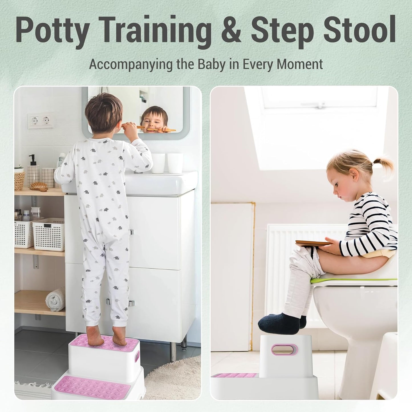 2 Packs Step Stools for Toilet Potty Training of Kids, Toddler Step Stool for Bathroom and Sink, New Braced Force Made Sturdy Premium PP material