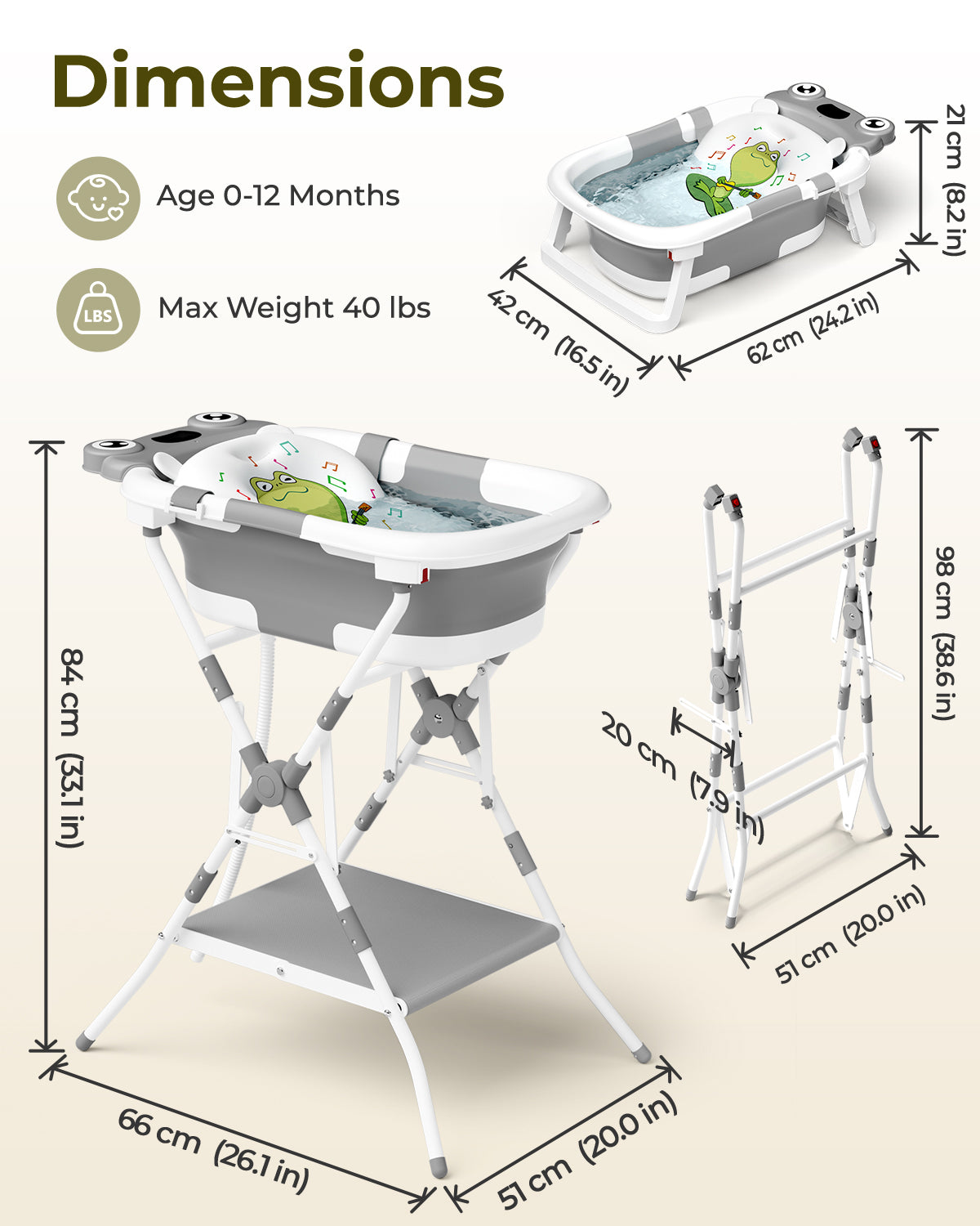COOSEYA 3 in 1 Foldable Baby Bath with Stand, Baby Bath Tub for Newborn to Toddler with Support Soft Cushion, Foldable Design for Travel and Outdoor, Baby Shower Gifts, 0-18Months, Frog Grey