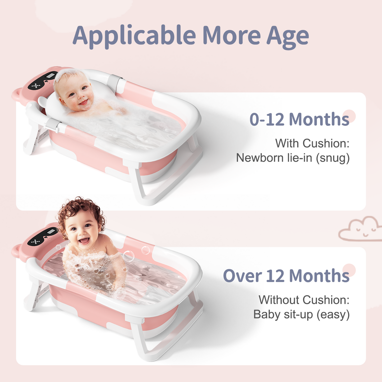 COOSEYA Bear Collapsible Baby Bathtub for Infants, Bath Tub with Cushion and Thermometer, for Newborn to Toddler Portable Travel Multifunctional Bathing 0-2 years (Pink)