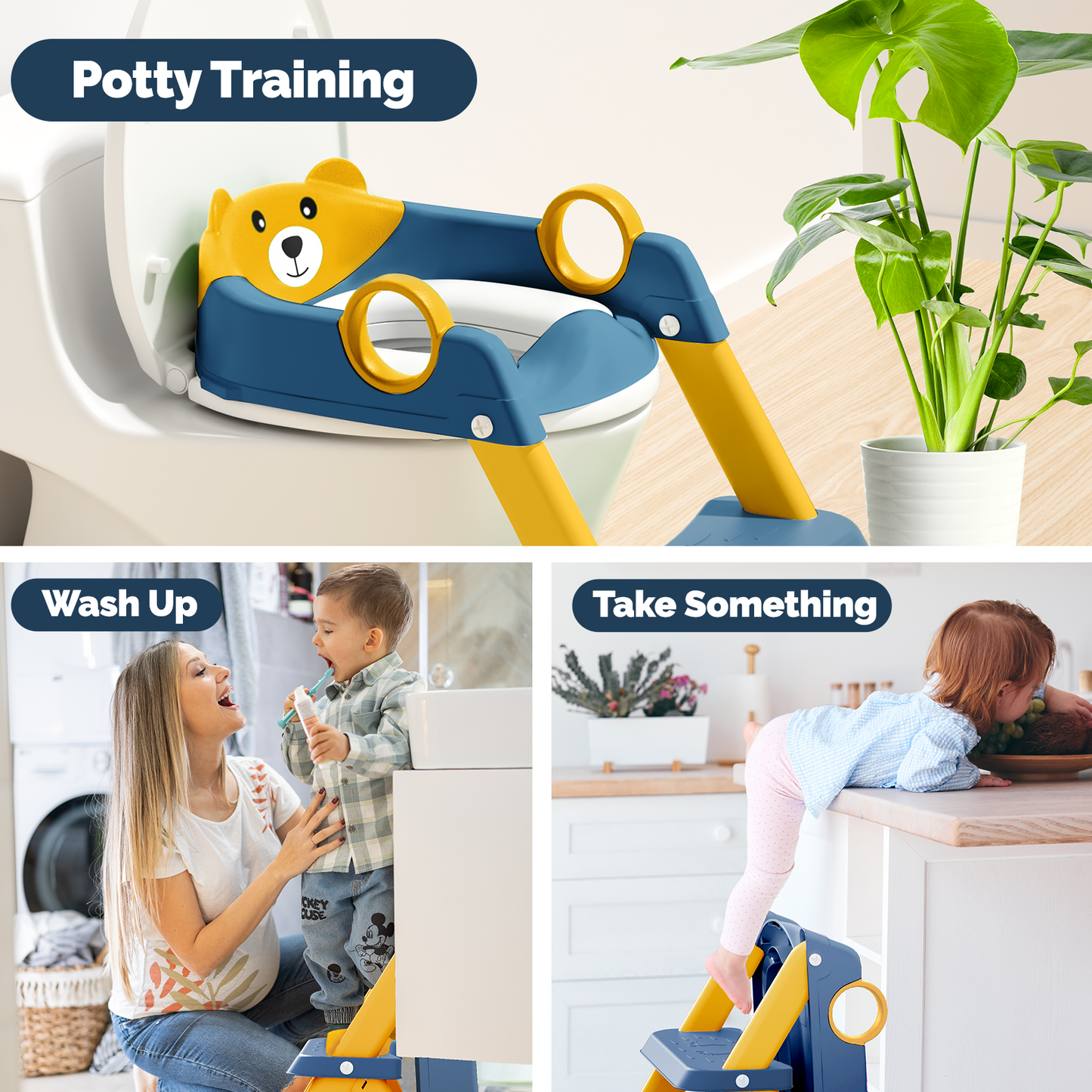 Bear potty training seat, upgrade toddler toilet seat with triangle base structure for kids boys girls, 2 in 1 bathroom potty training, waterproof cushioned mat with anti-slip pad