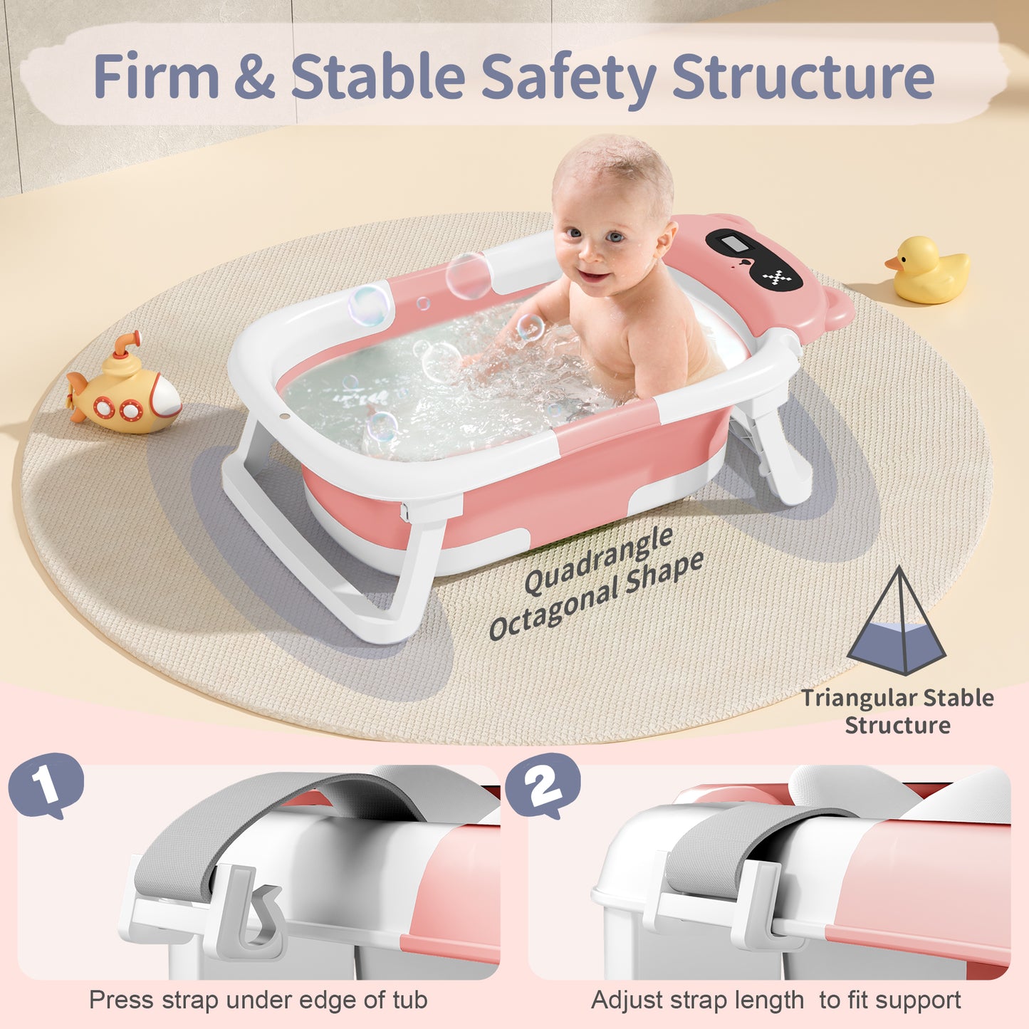 Collapsible Baby Bathtub for Infants, Bath Tub with Cushion and Thermometer, for Newborn to Toddler Portable Travel Multifunctional Bathing 0-2 years (Bear/Pink)