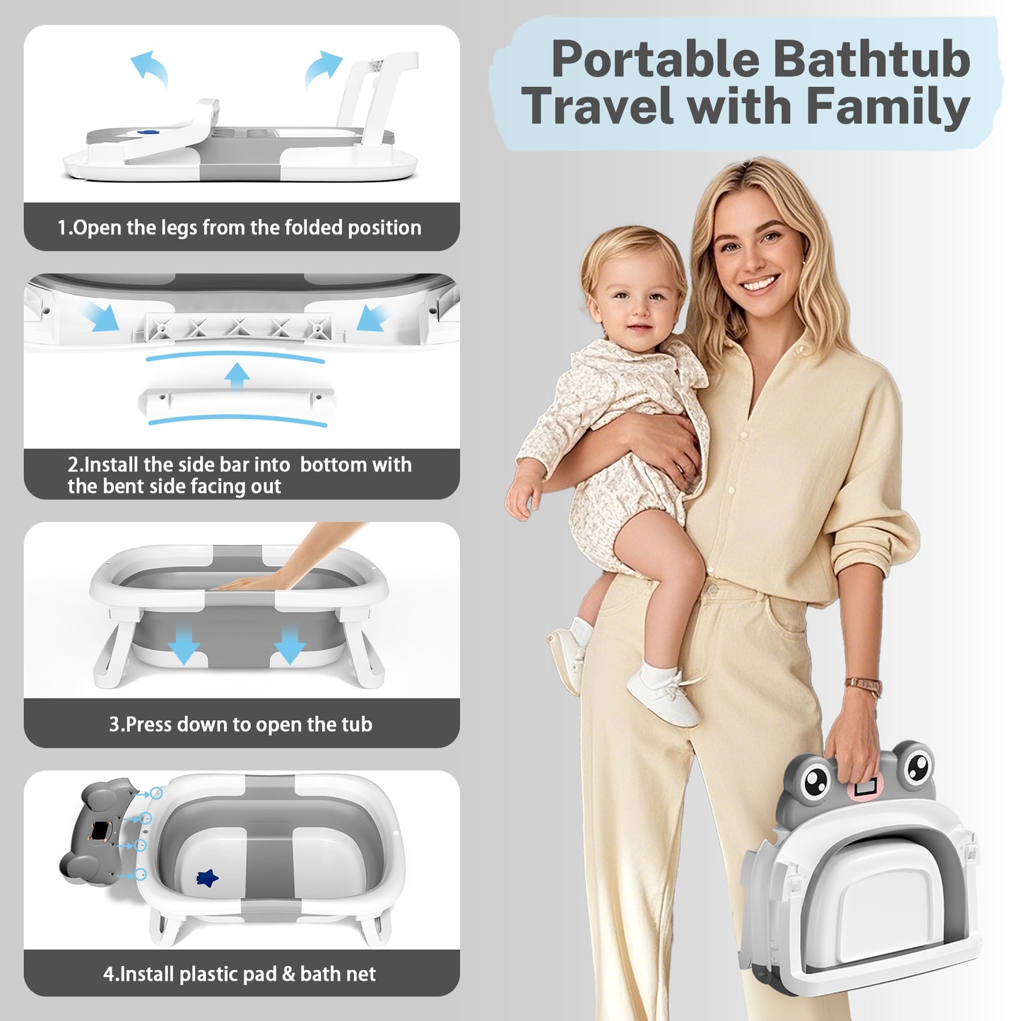 Collapsible Baby Bathtub for Infants, Bath Tub with Cushion and Thermometer, for Newborn to Toddler Portable Travel Multifunctional Bathing 0-2 years (Frog/Gray)