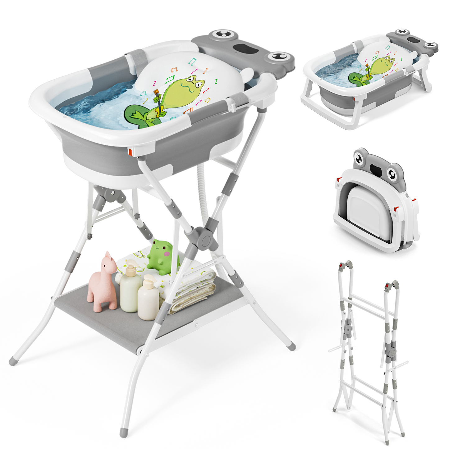 COOSEYA 3 in 1 Foldable Baby Bath with Stand, Baby Bath Tub for Newborn to Toddler with Support Soft Cushion, Foldable Design for Travel and Outdoor, Baby Shower Gifts, 0-18Months, Frog Grey
