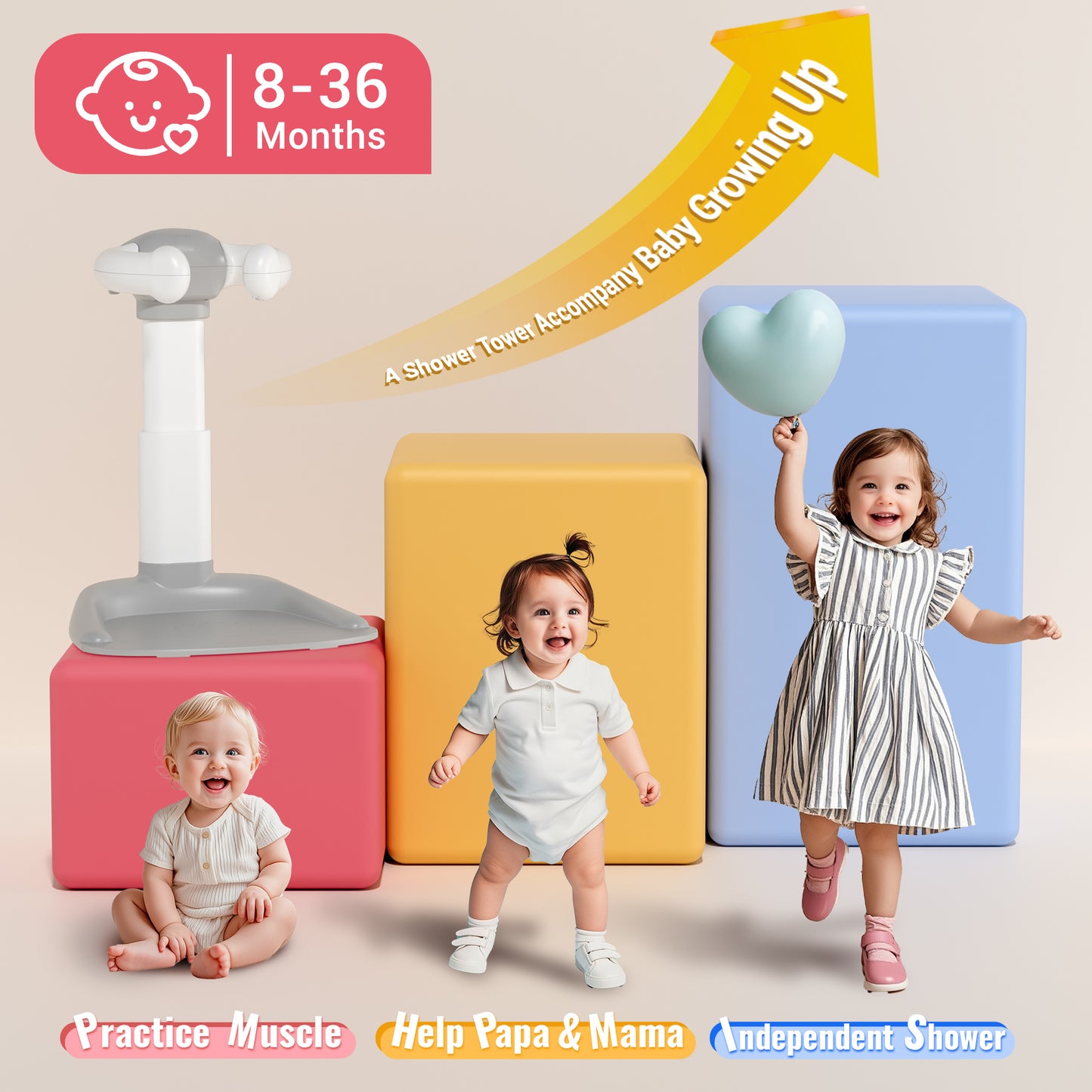 COOSEYABaby Shower Stand Support for Baby to Toddler, Adjustable Anti-Slip Shower Tower for Toddlers Changing Clothes, Applying Lotion by Standing up Themselves, Ideal Gift for Infants 8-36 months