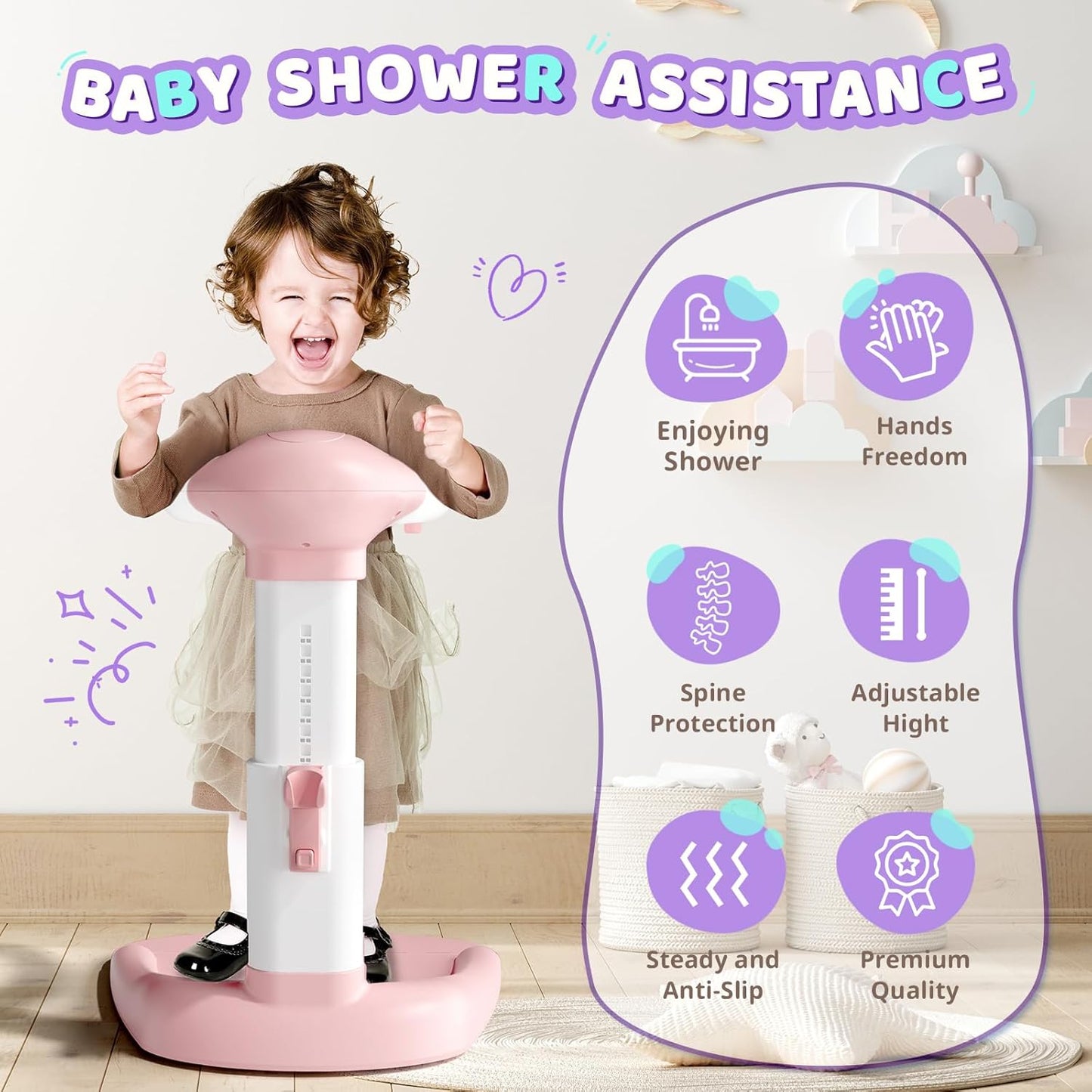 COOSEYABaby Shower Stand Support for Baby to Toddler, Adjustable Anti-Slip Shower Tower for Toddlers Changing Clothes, Applying Lotion by Standing up Themselves, Ideal Gift for Infants 8-36 months