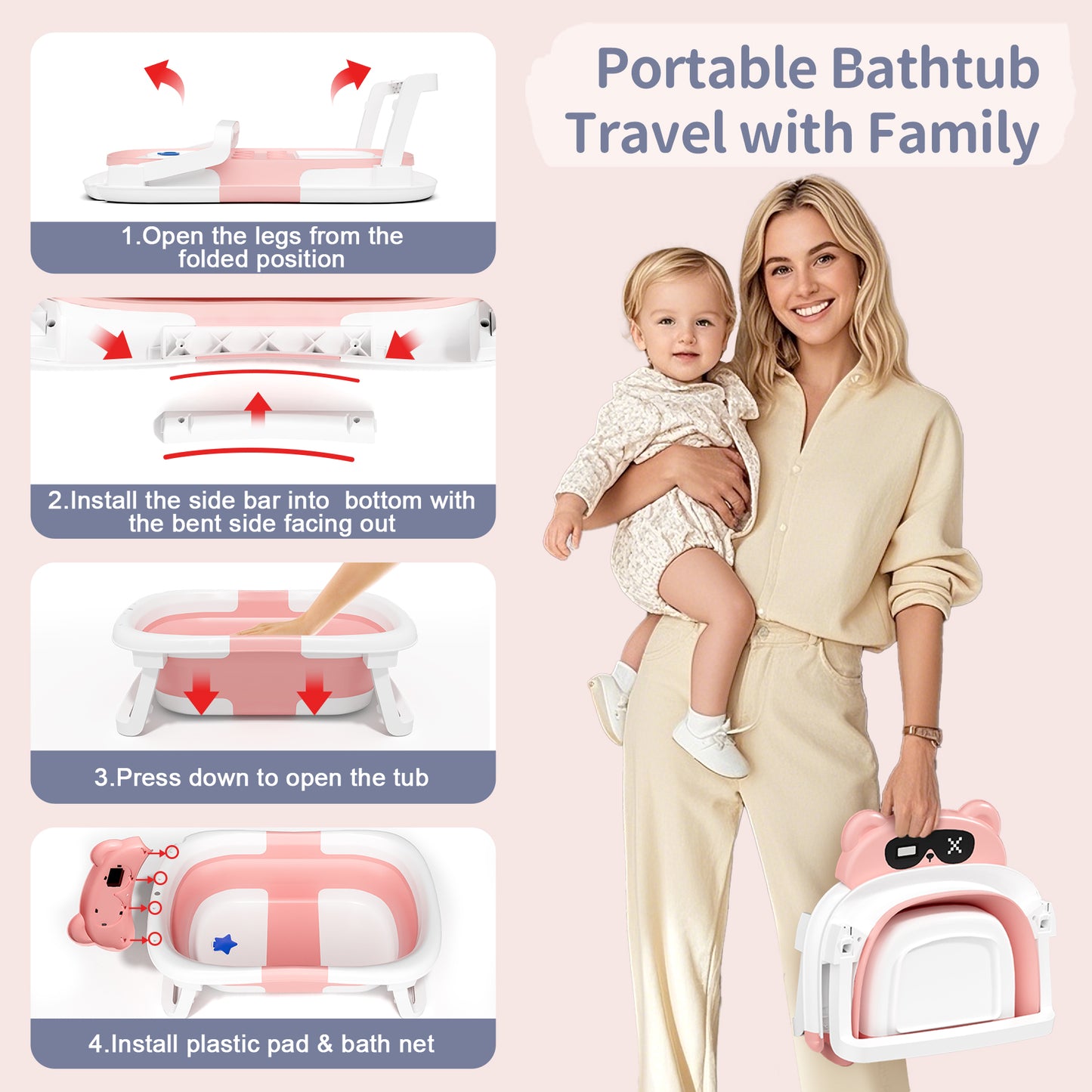 Collapsible Baby Bathtub for Infants, Bath Tub with Cushion and Thermometer, for Newborn to Toddler Portable Travel Multifunctional Bathing 0-2 years (Bear/Pink)
