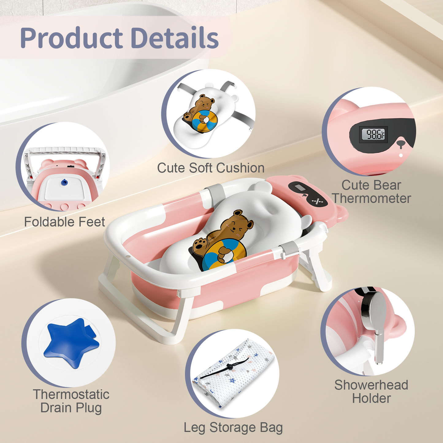 COOSEYA Bear Collapsible Baby Bathtub for Infants, Bath Tub with Cushion and Thermometer, for Newborn to Toddler Portable Travel Multifunctional Bathing 0-2 years (Pink)