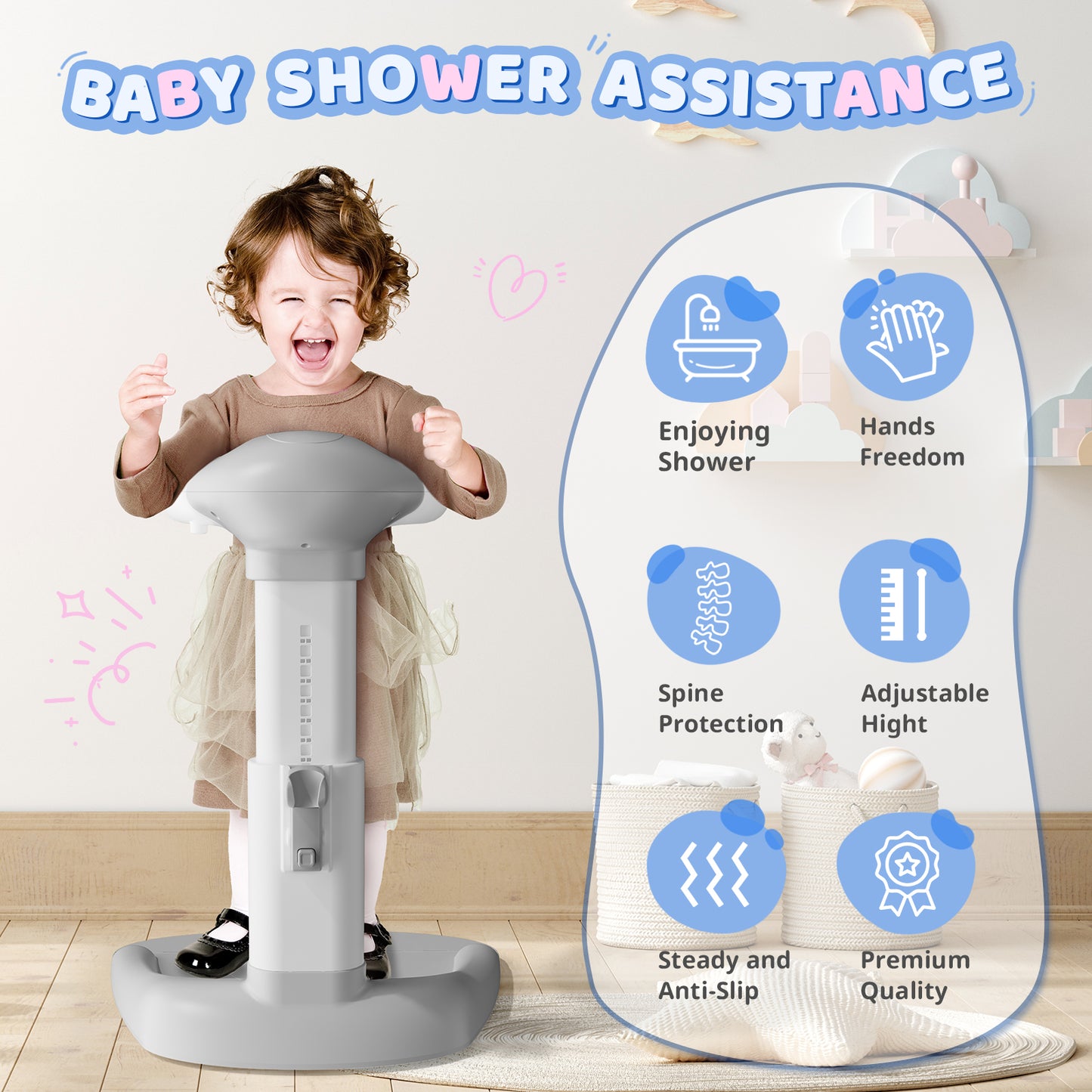 COOSEYABaby Shower Stand Support for Baby to Toddler, Adjustable Anti-Slip Shower Tower for Toddlers Changing Clothes, Applying Lotion by Standing up Themselves, Ideal Gift for Infants 8-36 months