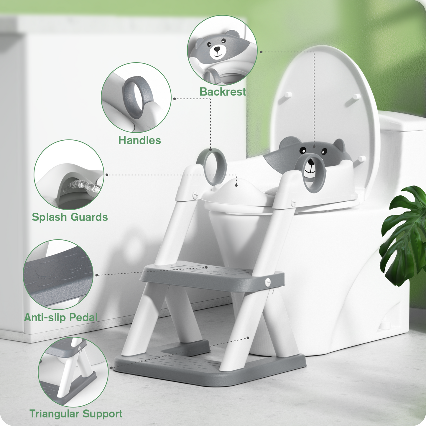 Bear potty training seat, upgrade toddler toilet seat with triangle base structure for kids boys girls, 2 in 1 bathroom potty training, waterproof cushioned mat with anti-slip pad (Grey)
