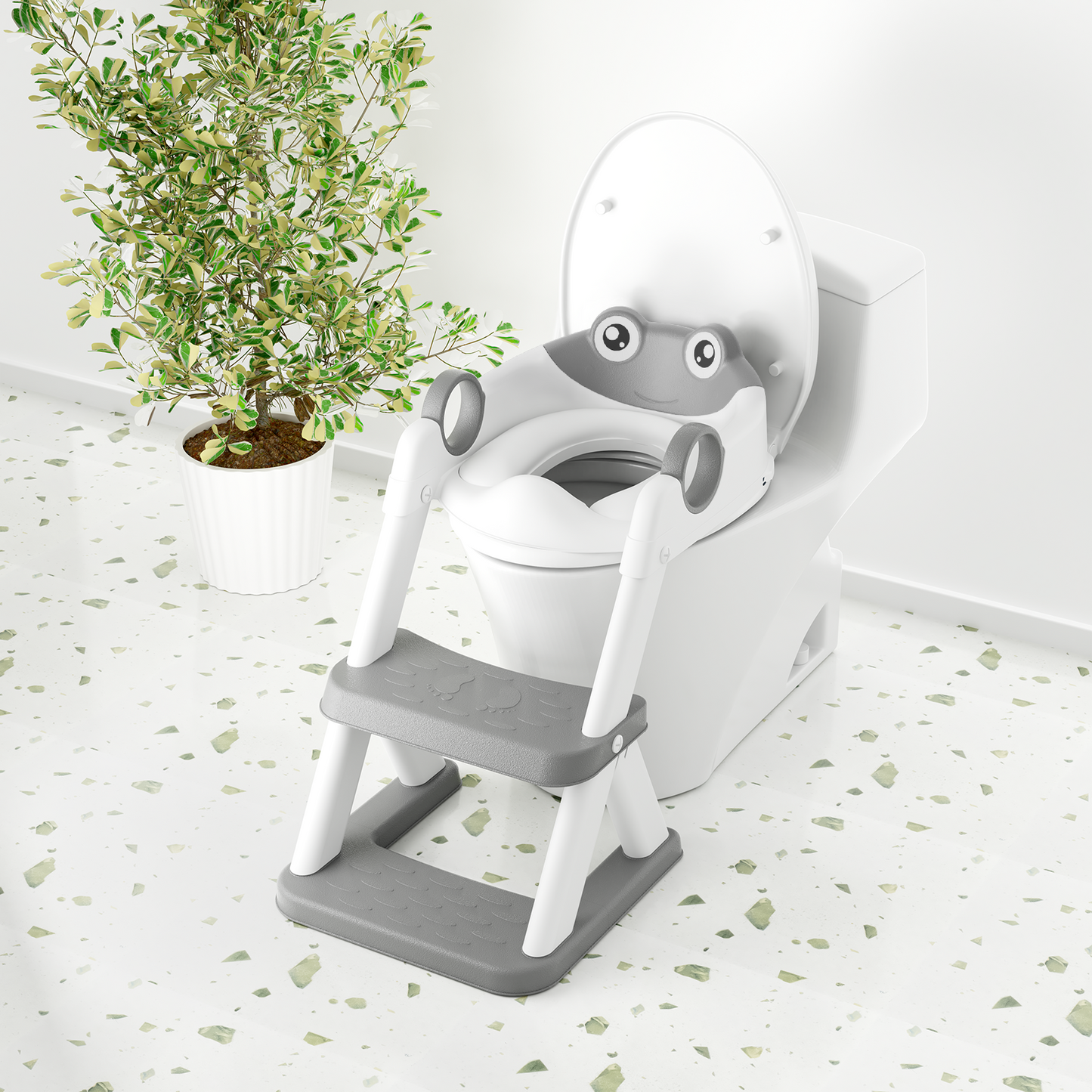 Frog Potty Training Seat, Toddler Toilet Seat with Triangle Base Structure, Waterproof Cushioned Mat with Anti-Slip Pad (Grey)