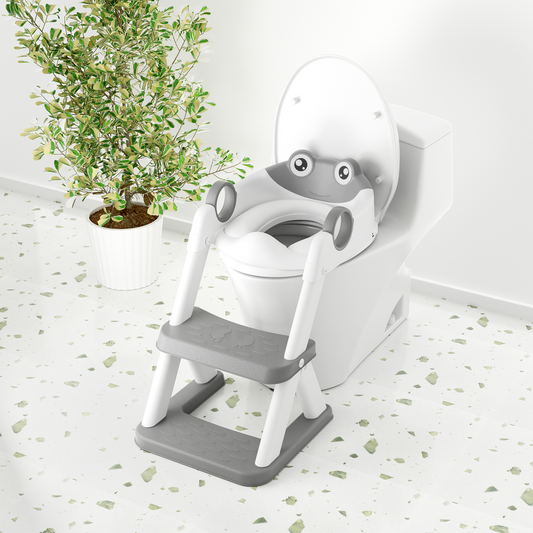 Frog Potty Training Seat, Toddler Toilet Seat with Triangle Base Structure, Waterproof Cushioned Mat with Anti-Slip Pad (Grey)