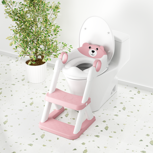 Bear Potty Training Seat, Upgrade Toddler Toilet Seat with Triangle Base Structure for Kids Boys Girls, 2 In 1 Bathroom Potty Training, Waterproof Cushioned Mat with Anti-Slip Pad (Pink)