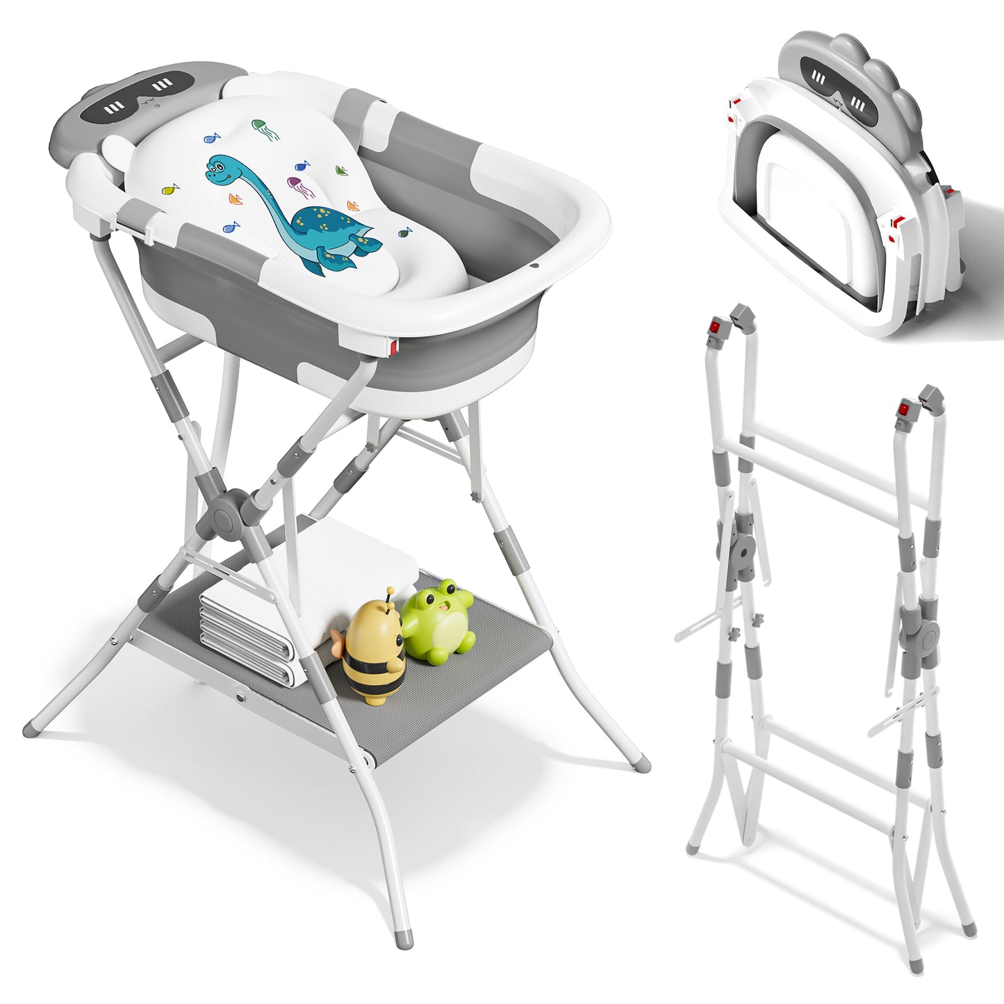 COOSEYA 3 in 1 Foldable Baby Bath with Stand, Baby Bath Tub for Newborn to Toddler with Support Soft Cushion, Foldable Design for Travel and Outdoor, Baby Shower Gifts, 0-18Months, Frog Grey